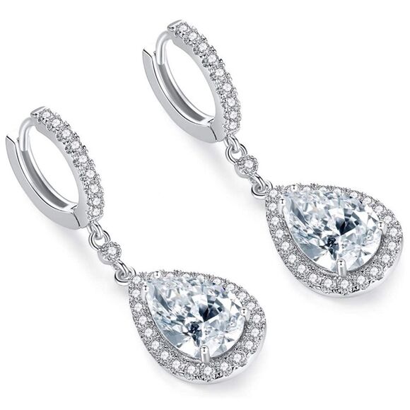 Silver CZ Teardrop Hoop Earrings - Picture 2 of 4